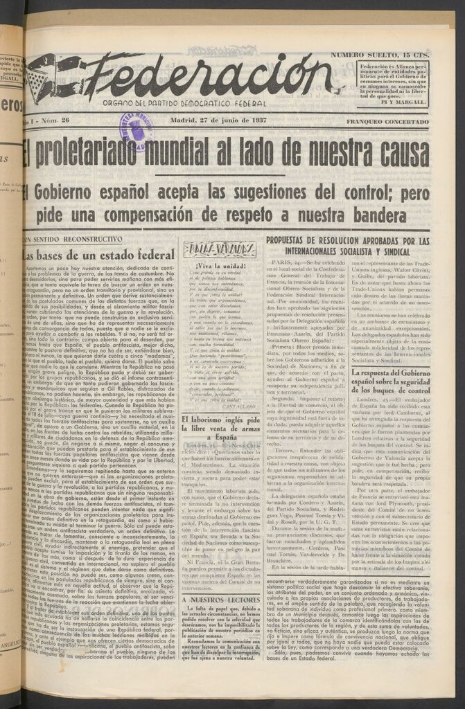 Miniatura de Federación : Órgano del Partido Democrático Federal del 27 de junio de 1937