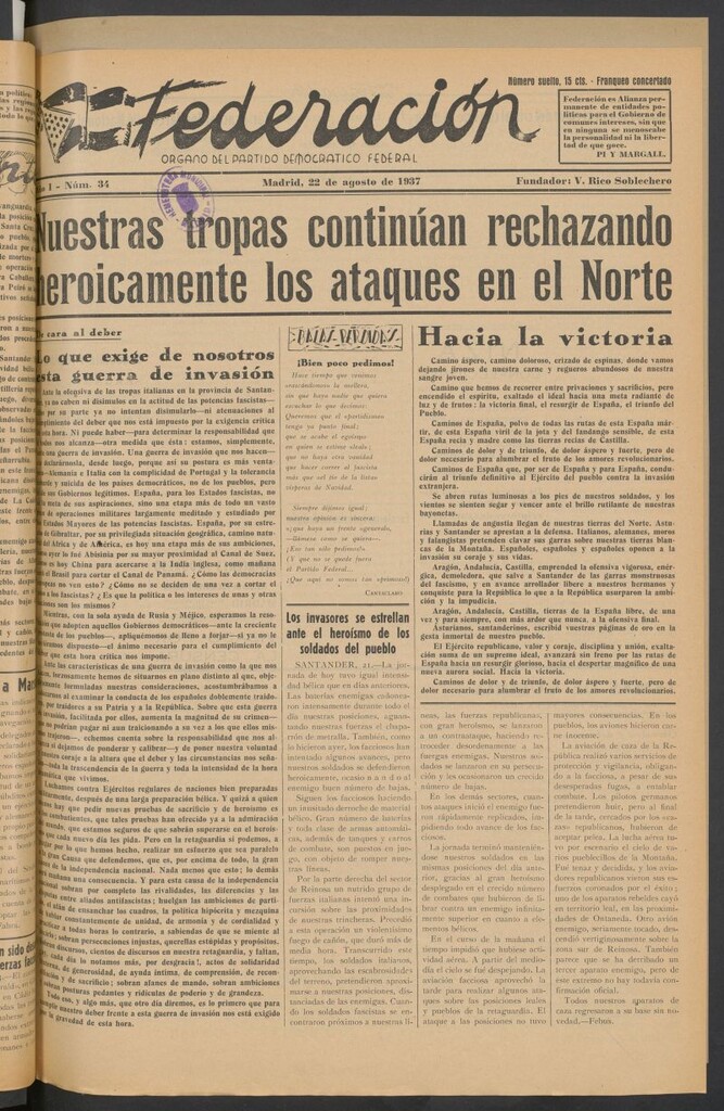 Miniatura de Federación : Órgano del Partido Democrático Federal del 22 de agosto de 1937