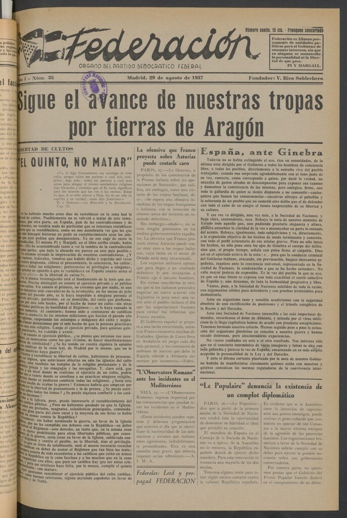 Miniatura de Federación : Órgano del Partido Democrático Federal del 29 de agosto de 1937
