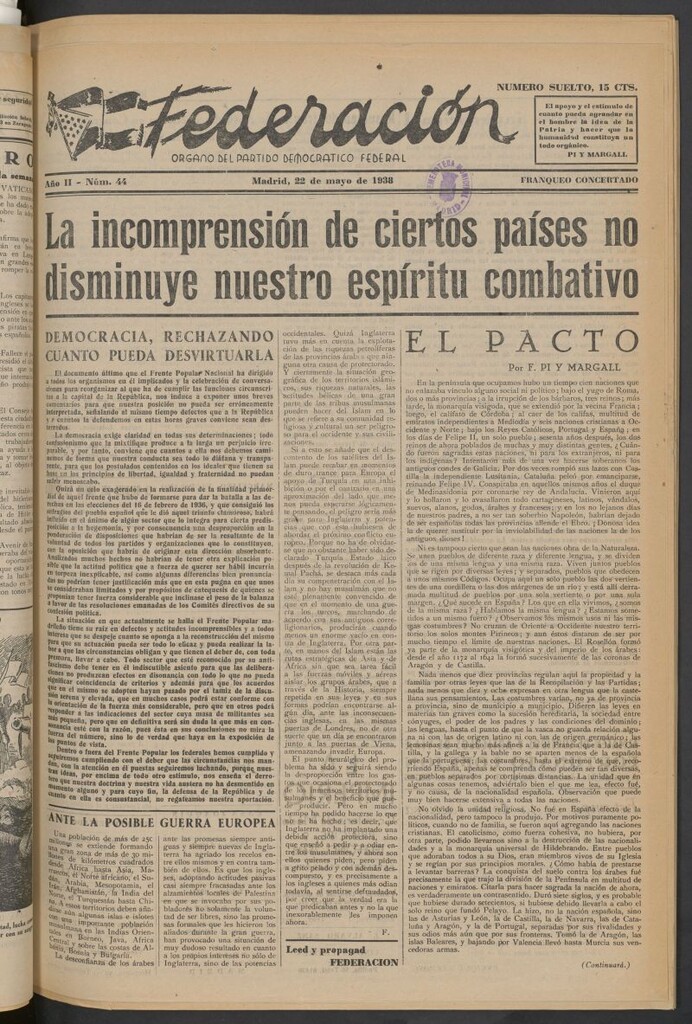 Miniatura de Federación : Órgano del Partido Democrático Federal del 22 de mayo de 1938