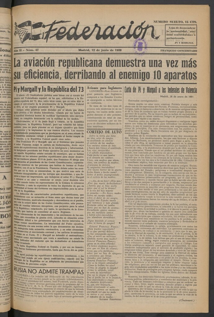 Miniatura de Federación : Órgano del Partido Democrático Federal del 12 de junio de 1938