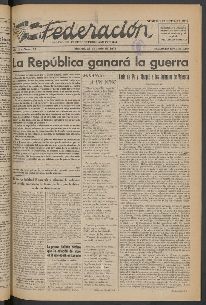 Miniatura de Federación : Órgano del Partido Democrático Federal del 26 de junio de 1938