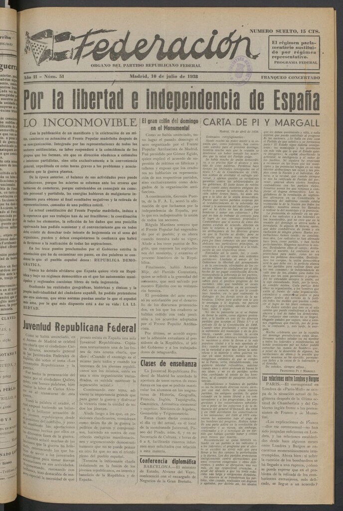Miniatura de Federación : Órgano del Partido Democrático Federal 10 de julio de 1938