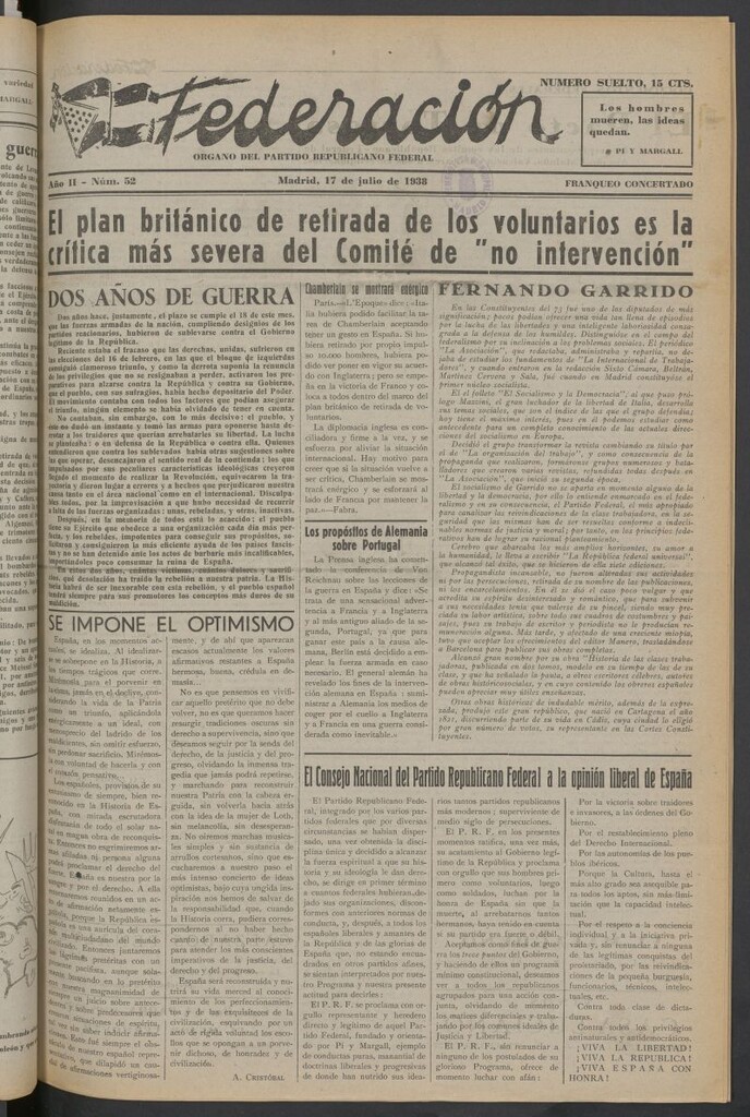 Miniatura de Federación : Órgano del Partido Democrático Federal 17 de julio de 1938