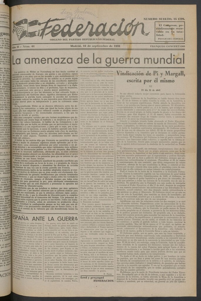 Miniatura de Federación : Órgano del Partido Democrático Federal del 18 de septiembre de 1938