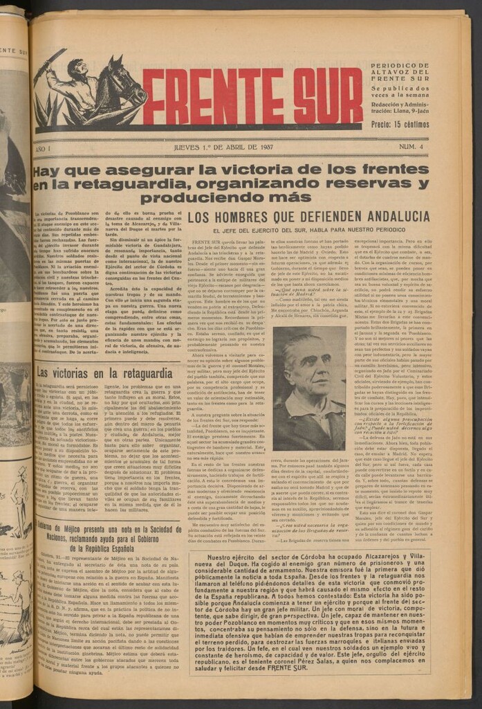 Miniatura de Frente Sur : periódico del Altavoz del Frente Sur del 1 de abril de 1937