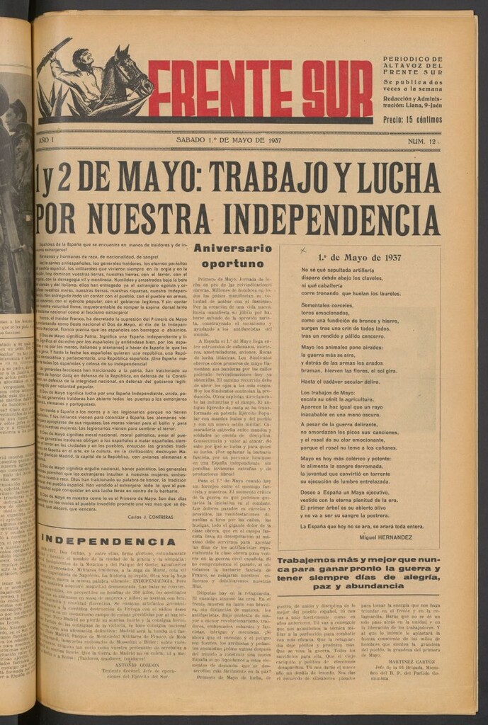 Miniatura de Frente Sur : periódico del Altavoz del Frente Sur del 1 de mayo de 1937
