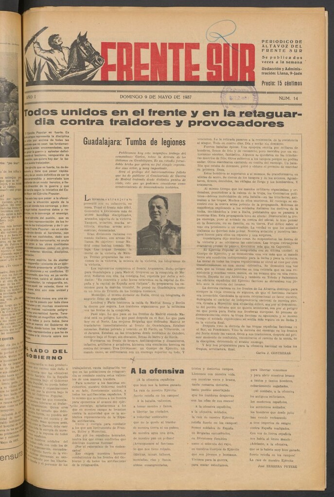 Miniatura de Frente Sur : periódico del Altavoz del Frente Sur del 9 de mayo de 1937