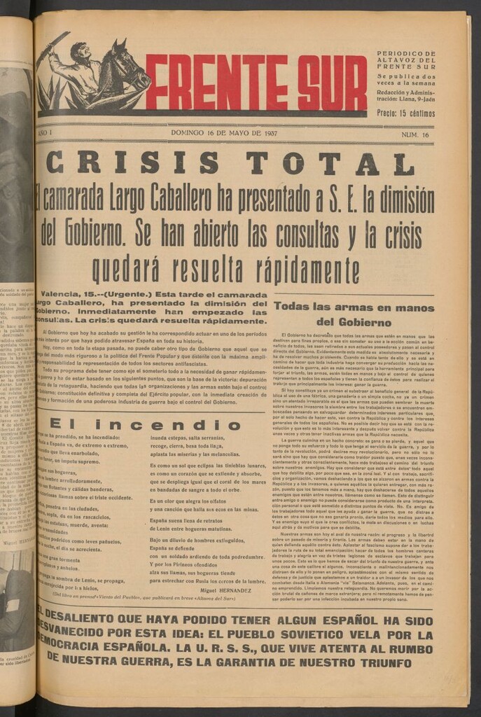 Miniatura de Frente Sur : periódico del Altavoz del Frente Sur del 16 de mayo de 1937