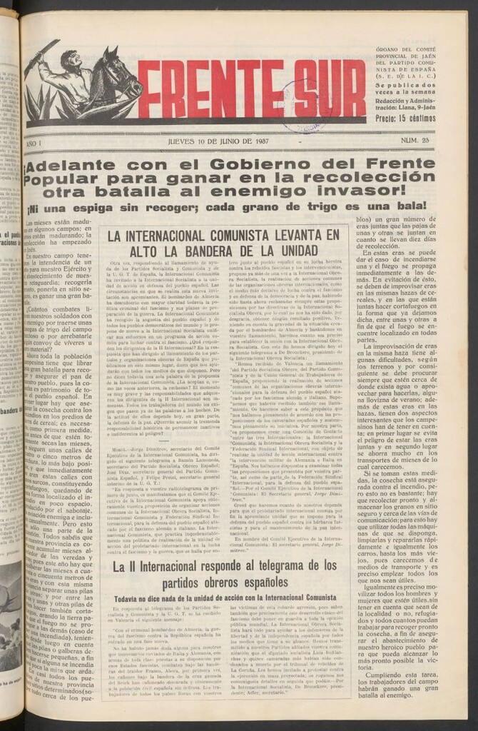 Miniatura de Frente Sur : periódico del Altavoz del Frente Sur del 10 de junio de 1937