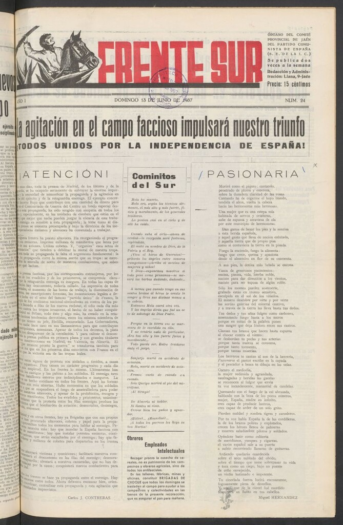 Miniatura de Frente Sur : periódico del Altavoz del Frente Sur del 13 de junio de 1937