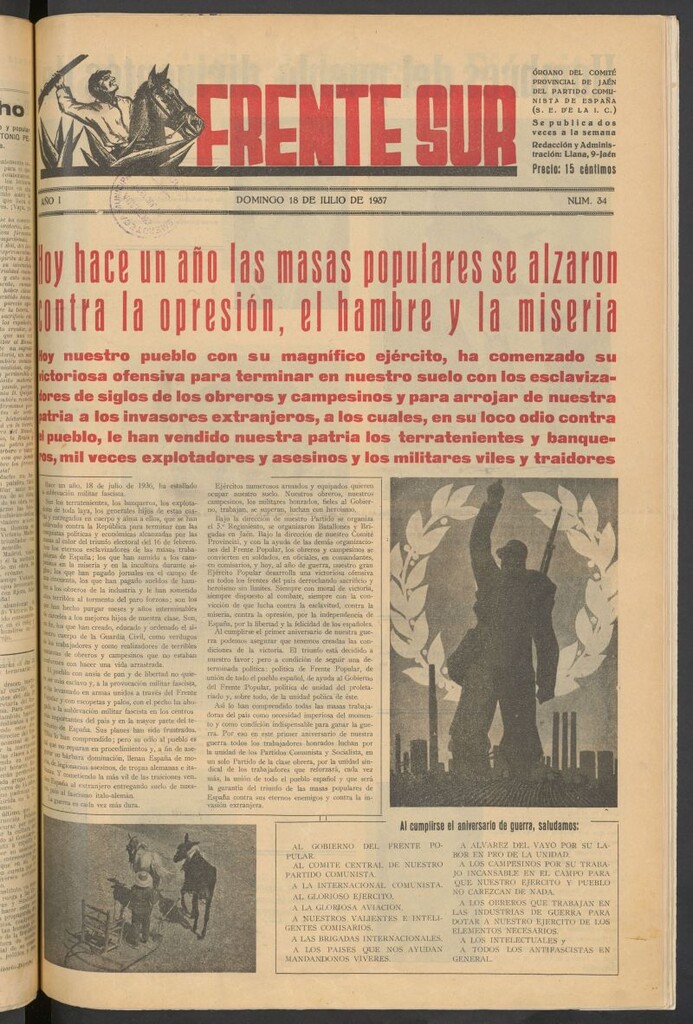 Miniatura de Frente Sur : periódico del Altavoz del Frente Sur del 18 de julio de 1937