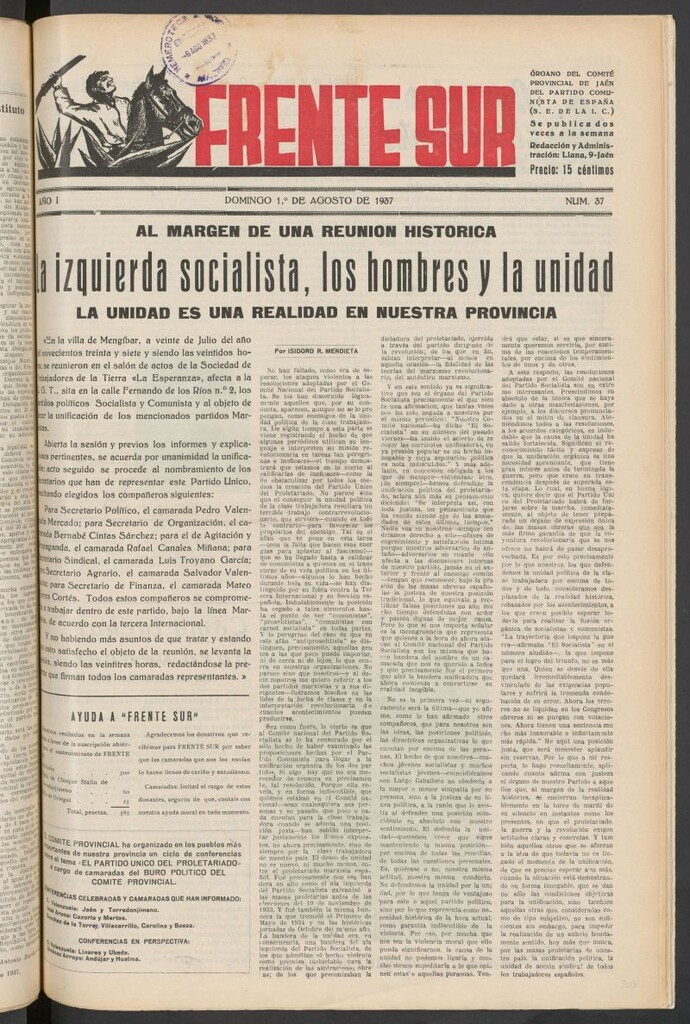 Miniatura de Frente Sur : periódico del Altavoz del Frente Sur del 1 de agosto de 1937