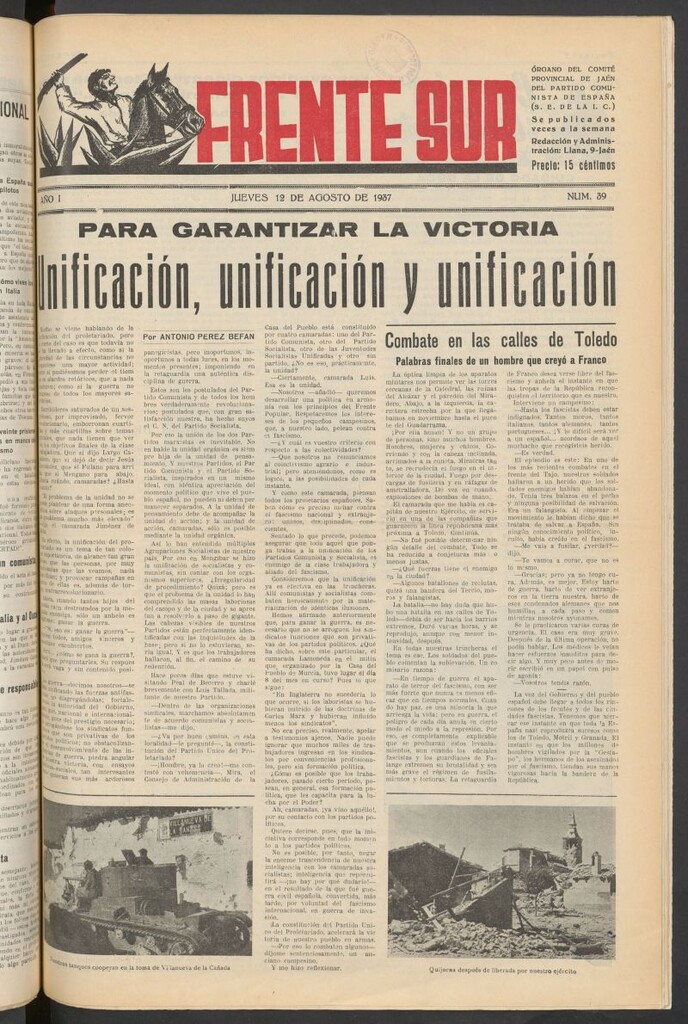 Miniatura de Frente Sur : periódico del Altavoz del Frente Sur del 12 de agosto de 1937