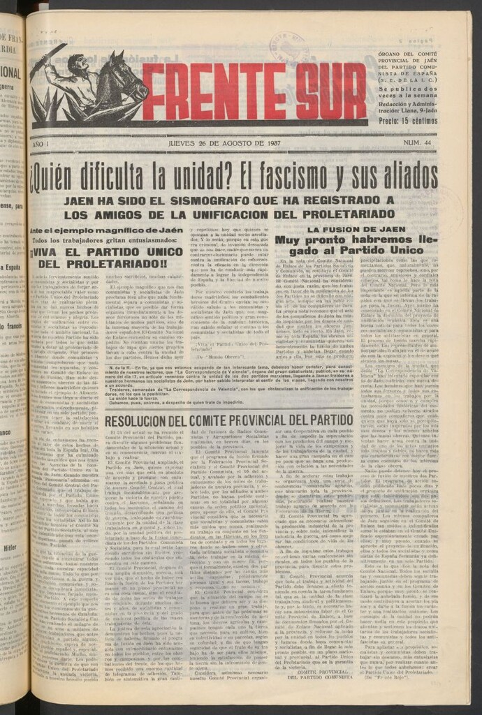 Miniatura de Frente Sur : periódico del Altavoz del Frente Sur del 26 de agosto de 1937