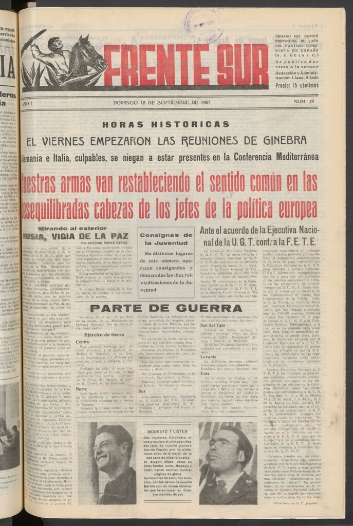 Miniatura de Frente Sur : periódico del Altavoz del Frente Sur 12 de septiembre de 1937