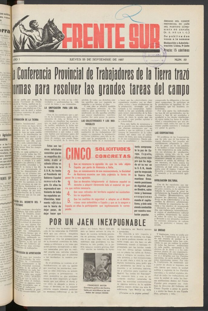Miniatura de Frente Sur : periódico del Altavoz del Frente Sur del 23 de septiembre de 1937