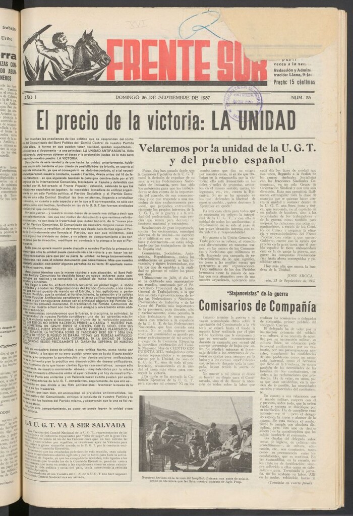 Miniatura de Frente Sur : periódico del Altavoz del Frente Sur del 26 de septiembre de 1937