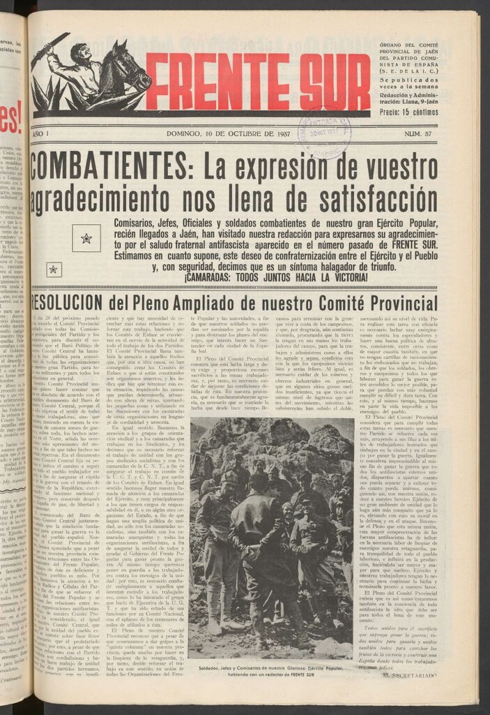 Miniatura de Frente Sur : periódico del Altavoz del Frente Sur del 10 de octubre de 1937