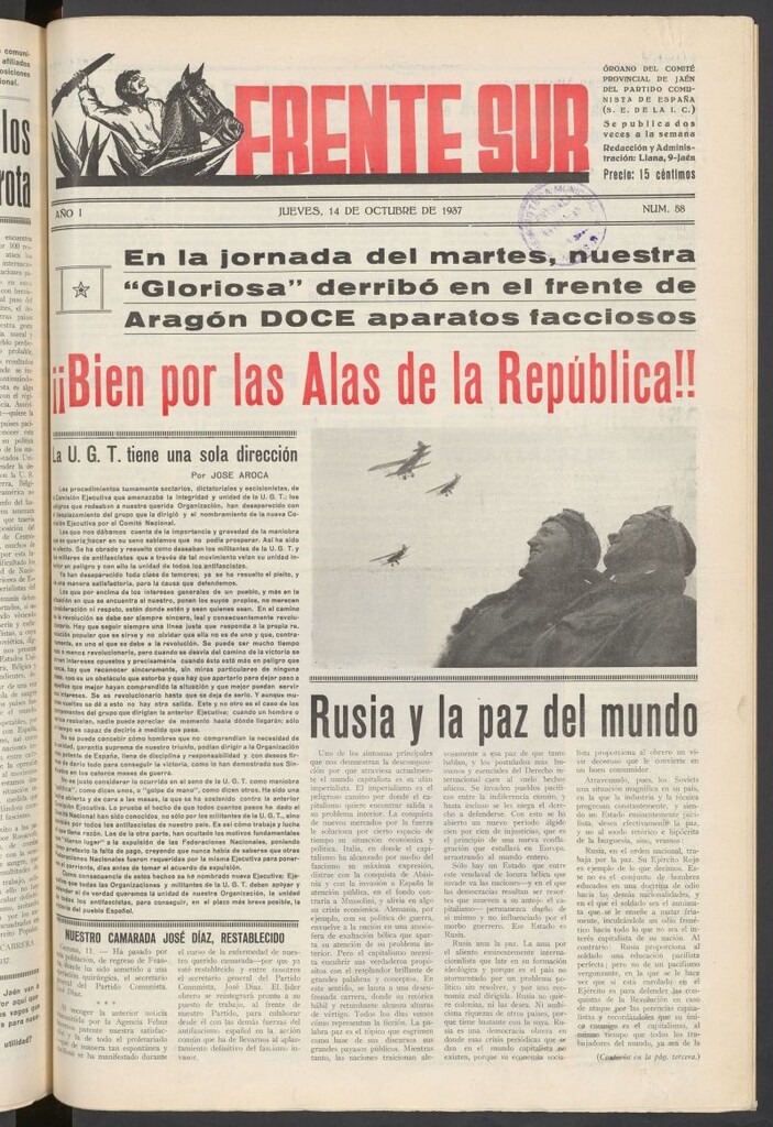 Miniatura de Frente Sur : periódico del Altavoz del Frente Sur 14 de octubre de 1937