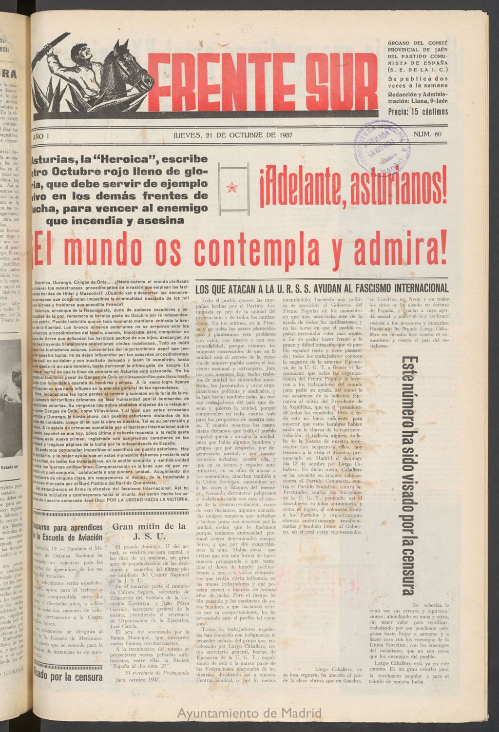 Miniatura de Frente Sur : periódico del Altavoz del Frente Sur del 21 de octubre de 1937