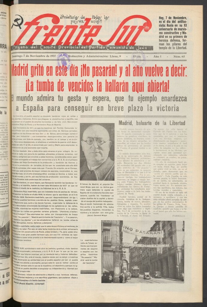 Miniatura de Frente Sur : periódico del Altavoz del Frente Sur del 7 de noviembre de 1937