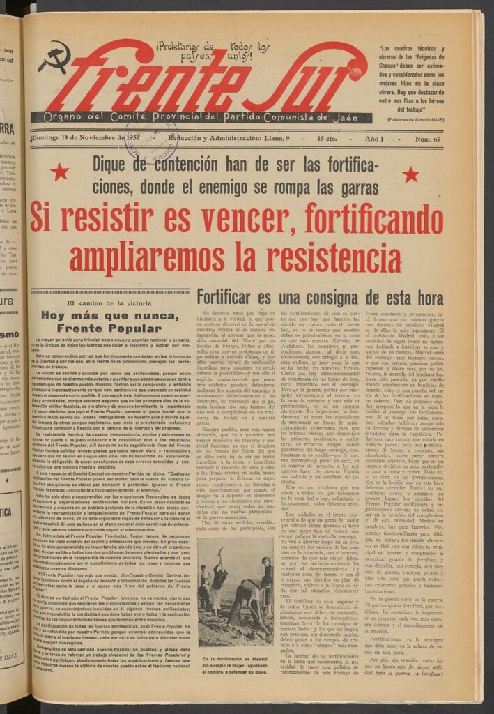 Miniatura de Frente Sur : periódico del Altavoz del Frente Sur del 14 de noviembre de 1937