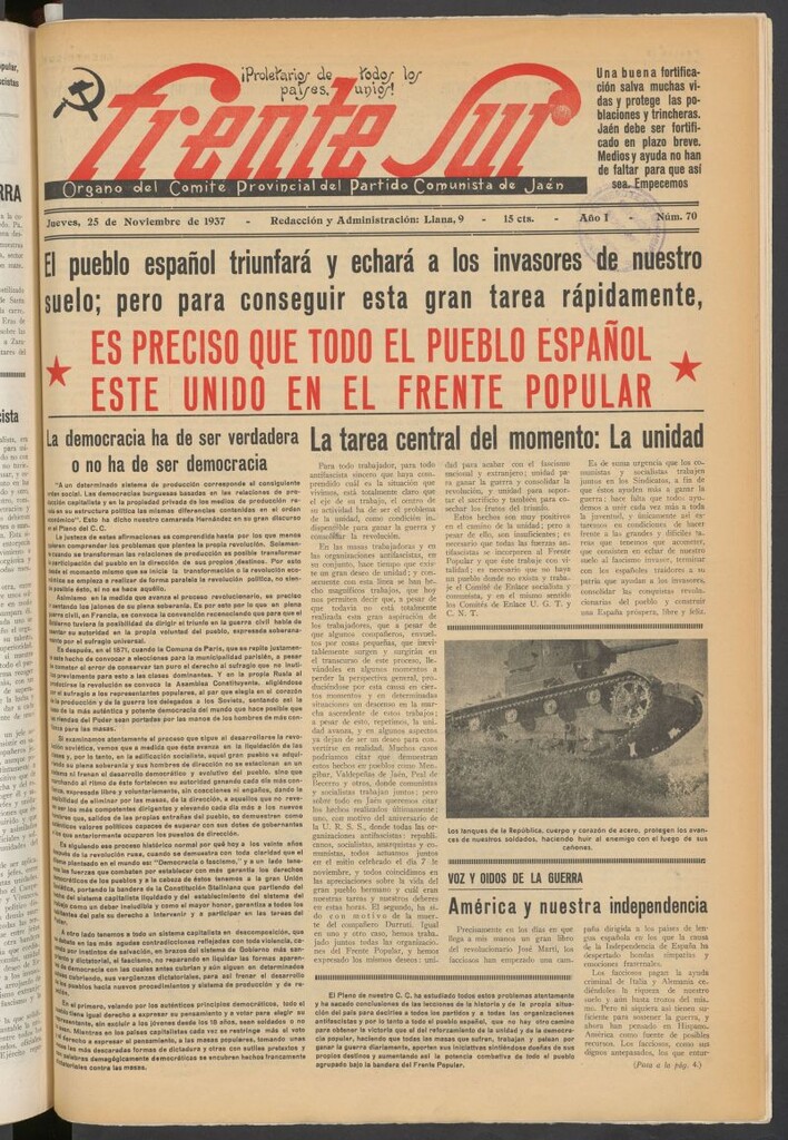 Miniatura de Frente Sur : periódico del Altavoz del Frente Sur del 25 de noviembre de 1937