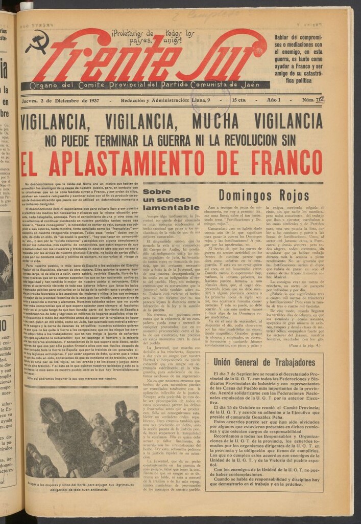 Miniatura de Frente Sur : periódico del Altavoz del Frente Sur del 2 de diciembre de 1937