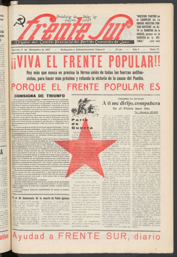 Miniatura de Frente Sur : periódico del Altavoz del Frente Sur del 9 de diciembre de 1937