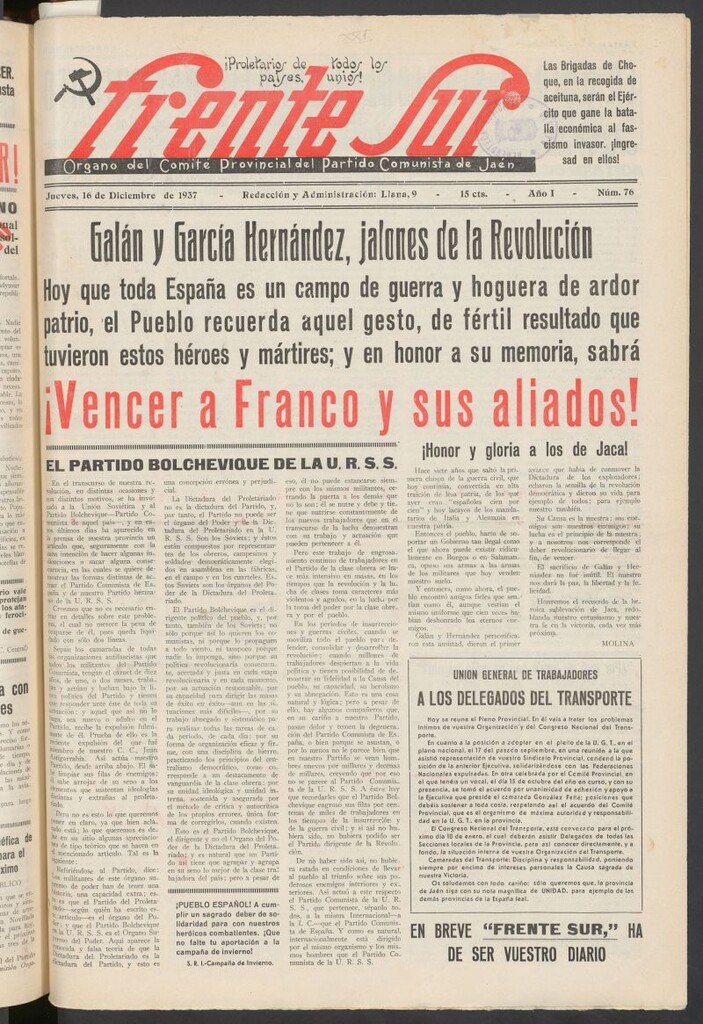 Miniatura de Frente Sur : periódico del Altavoz del Frente Sur del 16 de diciembre de 1937