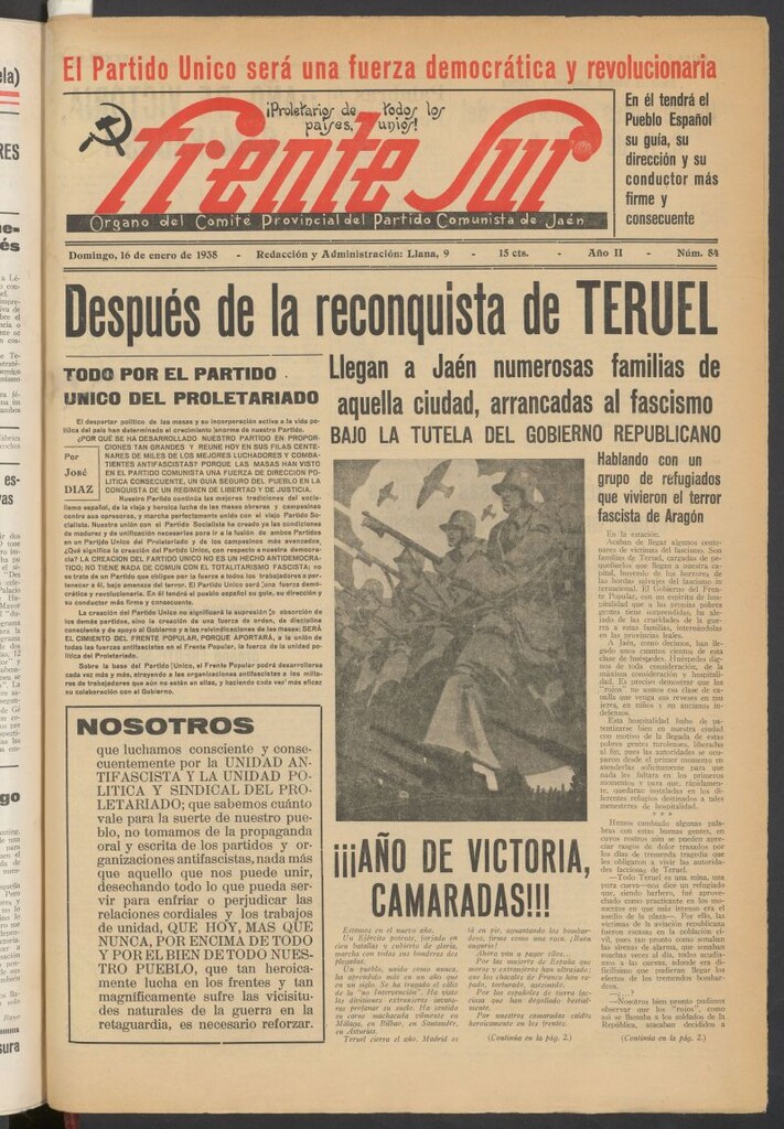 Miniatura de Frente Sur : periódico del Altavoz del Frente Sur del 16 de enero de 1938