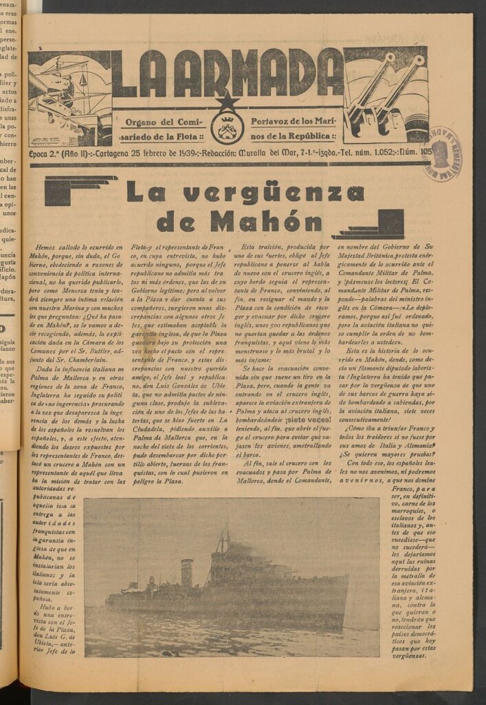 Miniatura de La Armada : Organo Oficial de los Marinos de la República del 25 de febrero de 1939