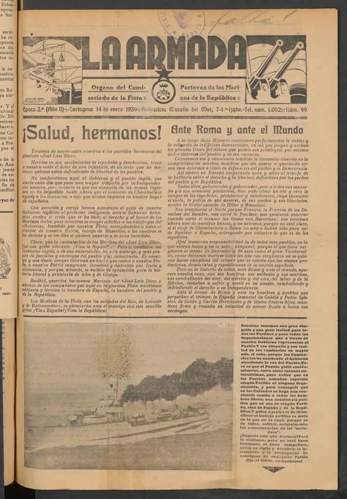 Miniatura de La Armada : Organo Oficial de los Marinos de la República del 14 de enero de 1939
