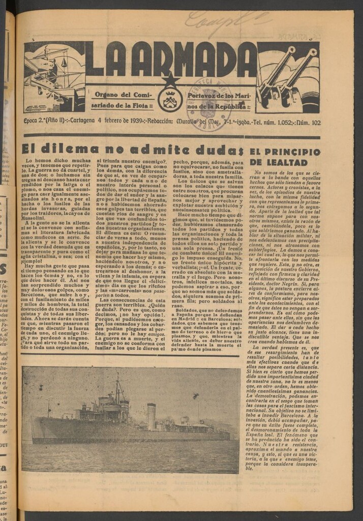 Miniatura de La Armada : Organo Oficial de los Marinos de la República del 4 de febrero de 1939
