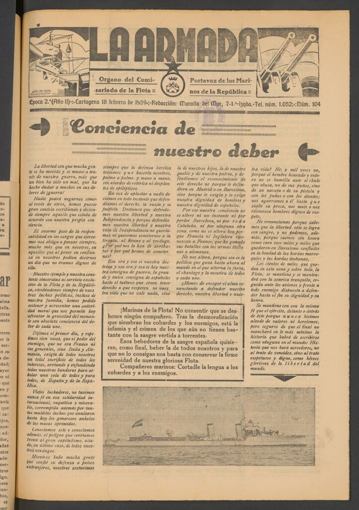 Miniatura de La Armada : Organo Oficial de los Marinos de la República del 18 de febrero de 1939