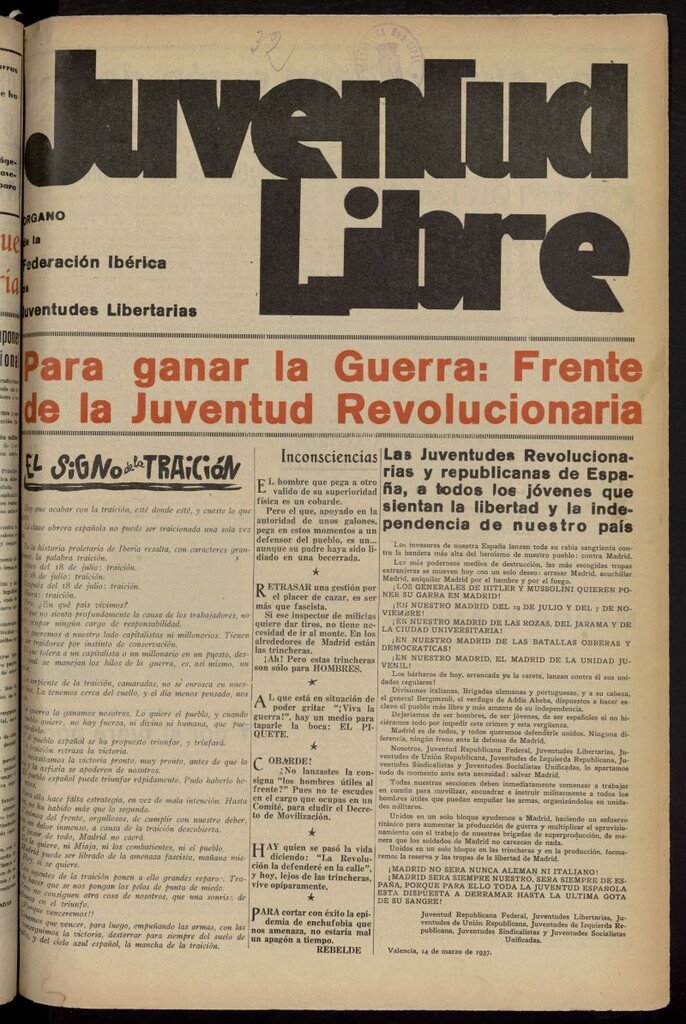 Miniatura de Juventud Libre : semanario Juvenil Anarquista del 20 de marzo de 1937