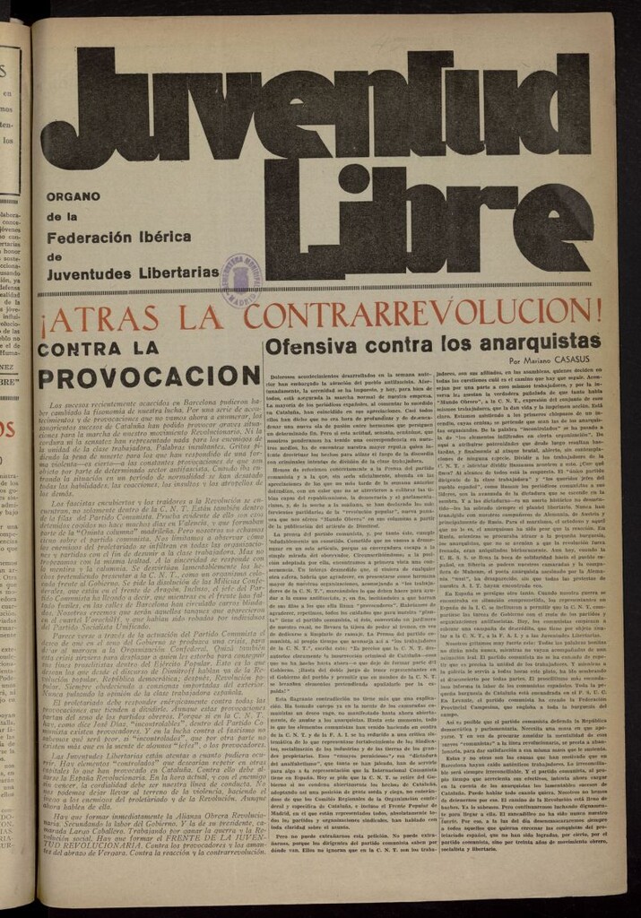 Miniatura de Juventud Libre : semanario Juvenil Anarquista del 15 de mayo de 1937