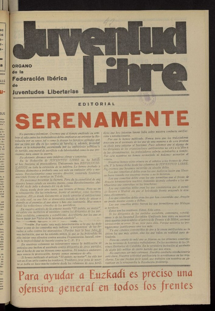Miniatura de Juventud Libre : semanario Juvenil Anarquista del 29 de mayo de 1937