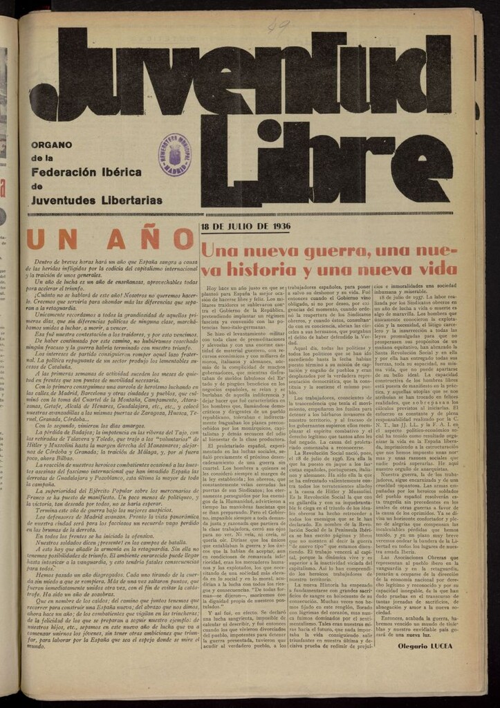 Miniatura de Juventud Libre : semanario Juvenil Anarquista del 17 de julio de 1937