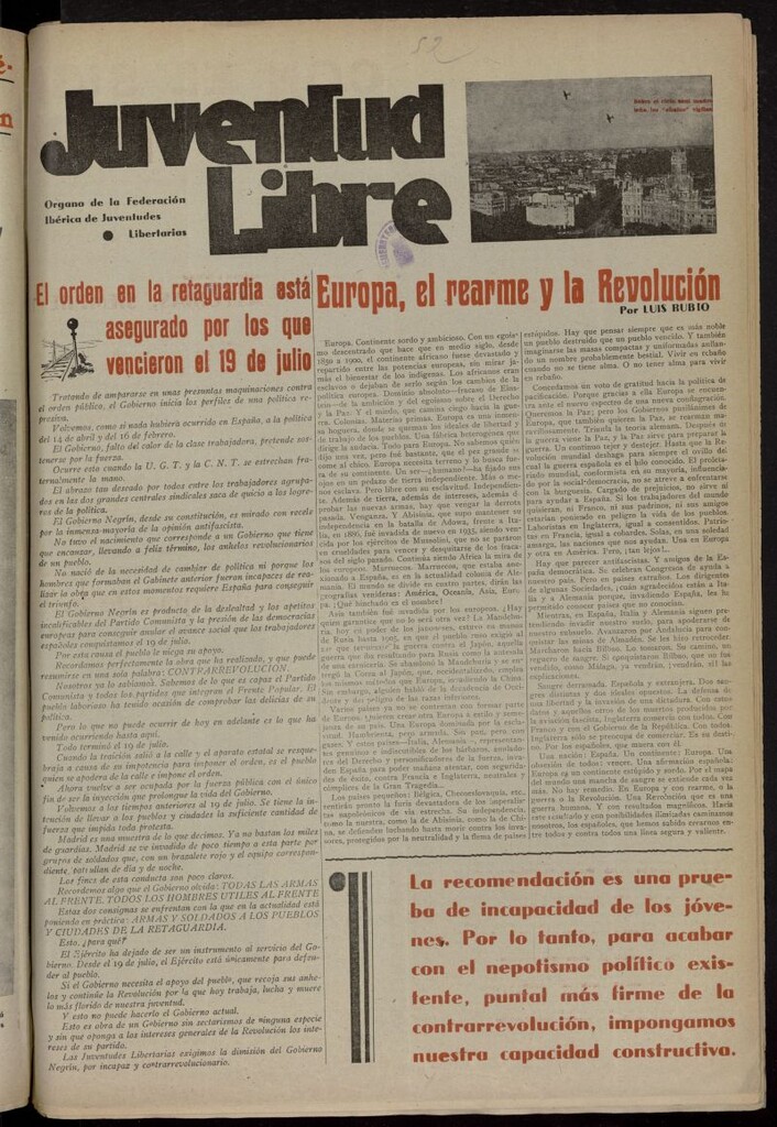 Miniatura de Juventud Libre : semanario Juvenil Anarquista del 7 de agosto de 1937