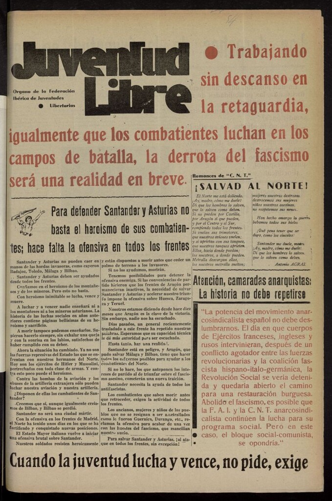Miniatura de Juventud Libre : semanario Juvenil Anarquista del 21 de agosto de 1937