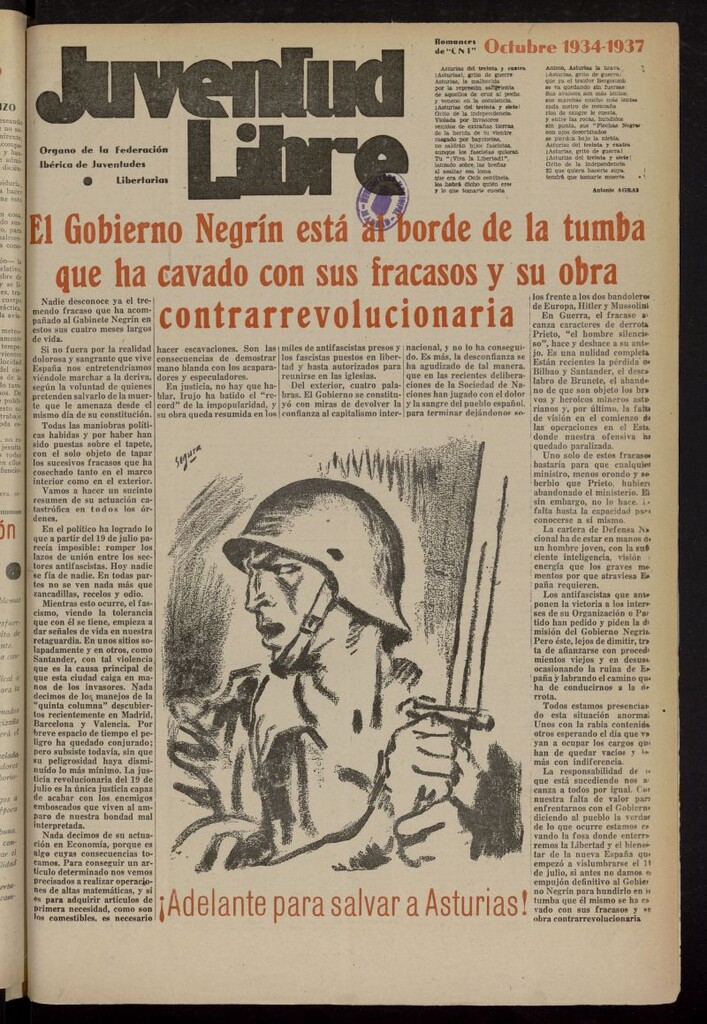 Miniatura de Juventud Libre : semanario Juvenil Anarquista del 9 de octubre de 1937
