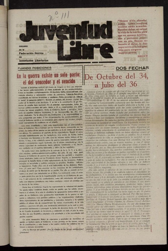 Miniatura de Juventud Libre : semanario Juvenil Anarquista del 2 de octubre de 1938