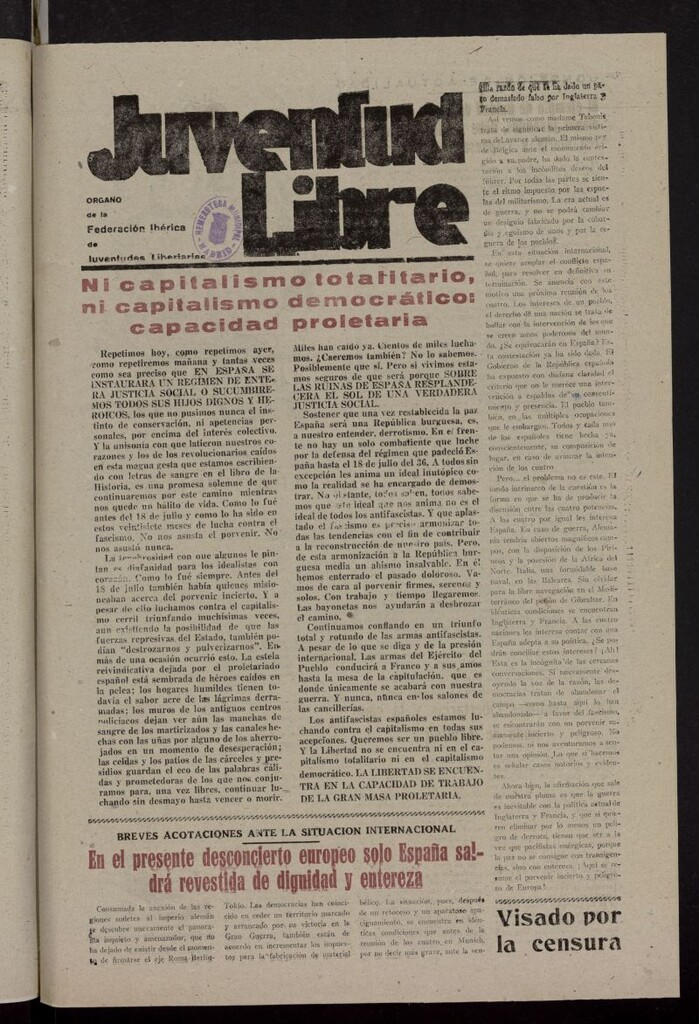 Miniatura de Juventud Libre : semanario Juvenil Anarquista del 16 de octubre de 1938