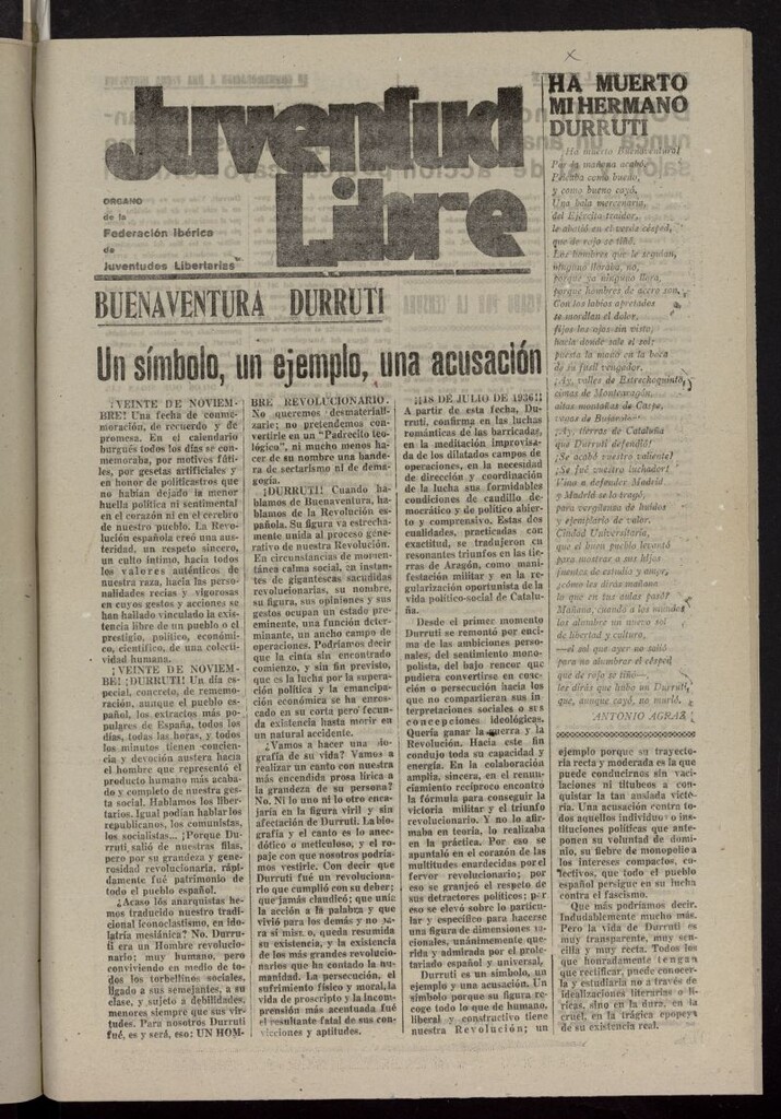 Miniatura de Juventud Libre : semanario Juvenil Anarquista del 20 noviembre de 1938