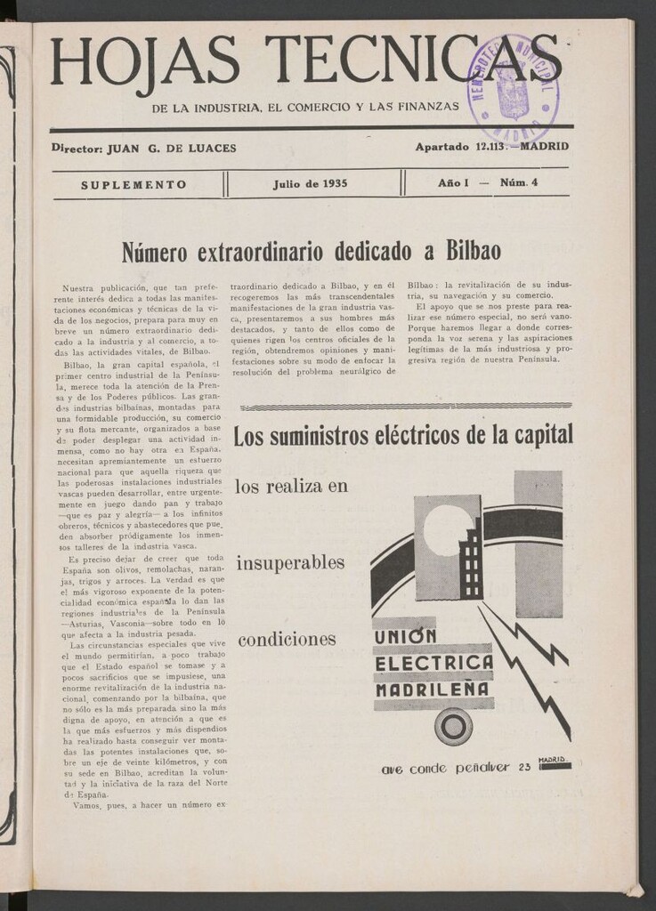 Miniatura de Hojas técnicas de la industria, el comercio y las finanzas de julio de 1935. Suplemento
