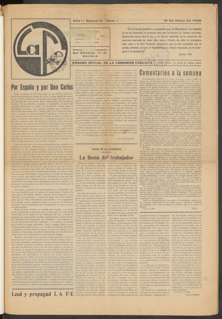 Miniatura de La fe : órgano oficial de la comunidad carlista del 15 de mayo de 1936