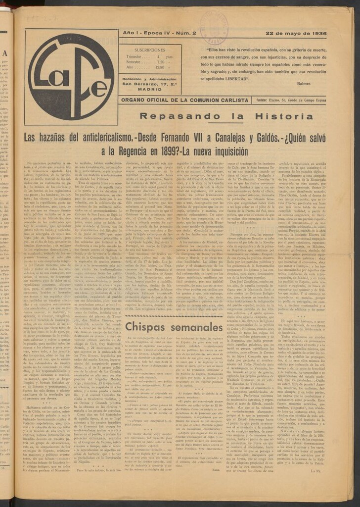 Miniatura de La fe : órgano oficial de la comunidad carlista del 22 de mayo de 1936