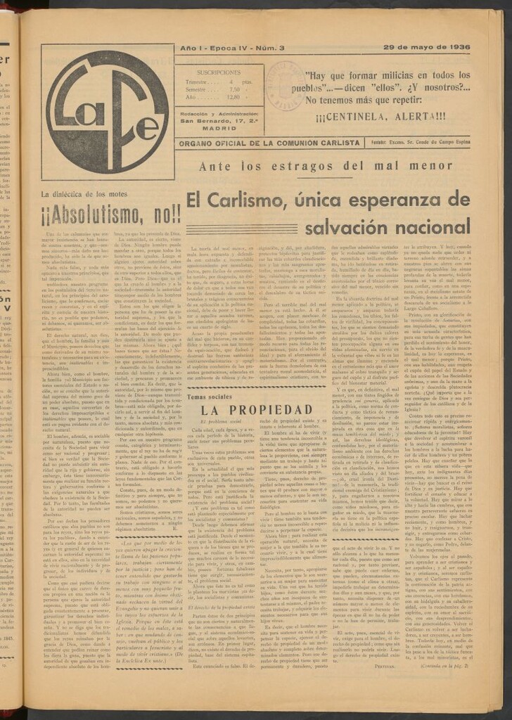 Miniatura de La fe : órgano oficial de la comunidad carlista del 29 de mayo de 1936